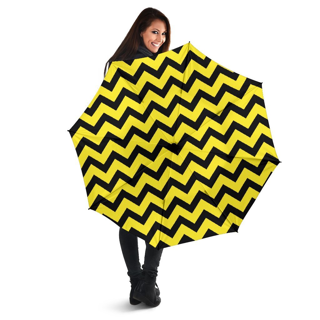 Zig Zag Yellow Pattern Print Automatic Foldable Umbrella-grizzshop