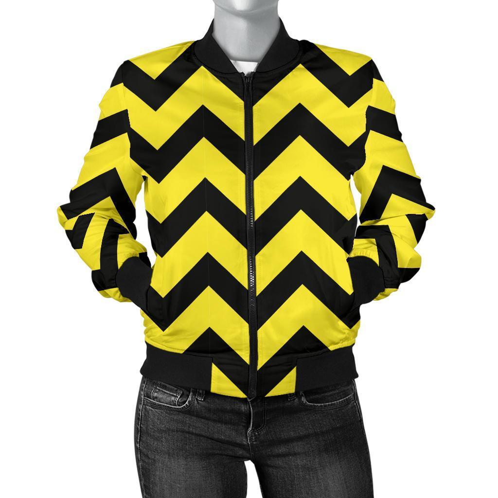 Zig Zag Yellow Pattern Print Women Casual Bomber Jacket-grizzshop