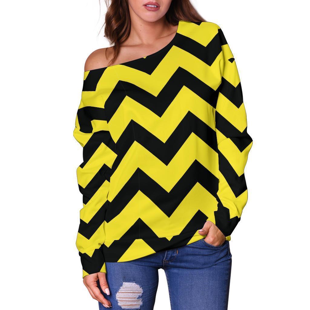 Zig Zag Yellow Pattern Print Women Off Shoulder Sweatshirt-grizzshop