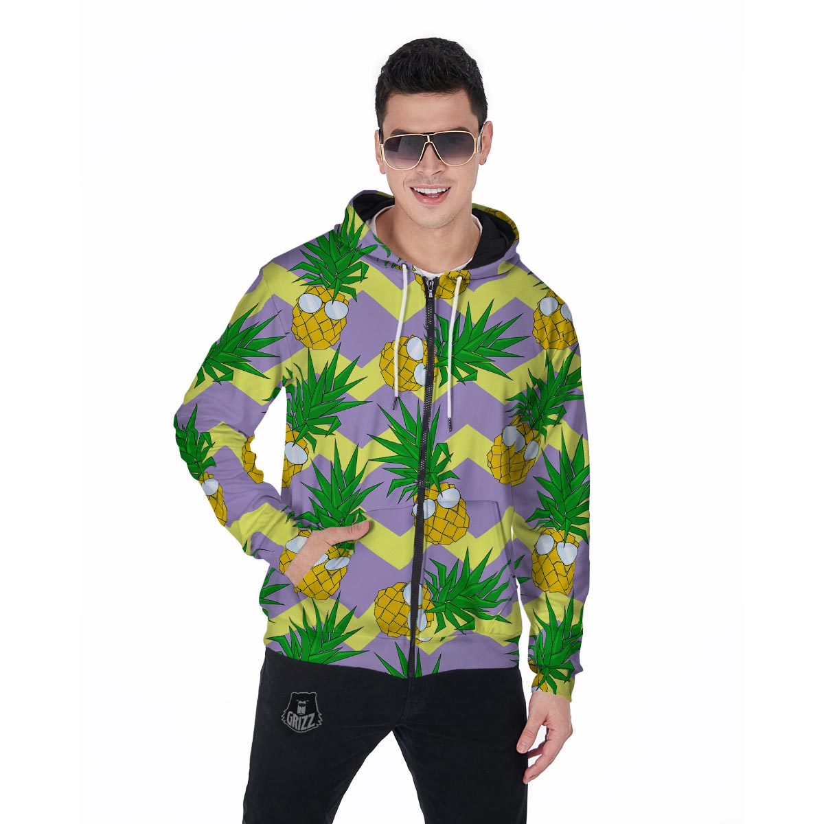 Zig Zag Pineapple Print Men's Zip Up Hoodie-grizzshop