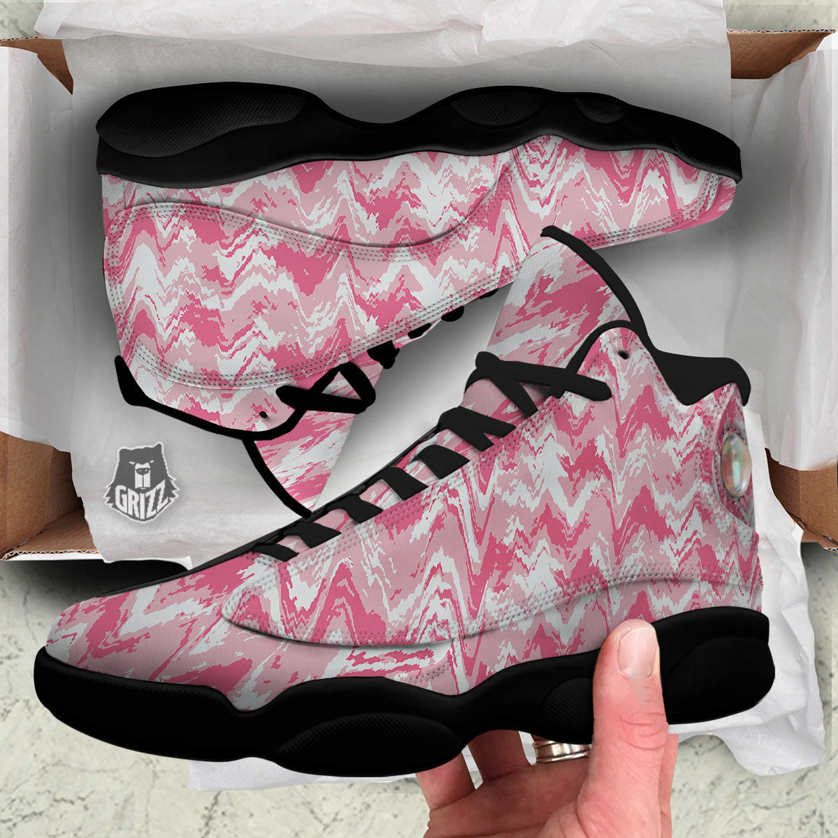 Zigzag Abstract Stripes Pink Print Pattern Black Basketball Shoes-grizzshop
