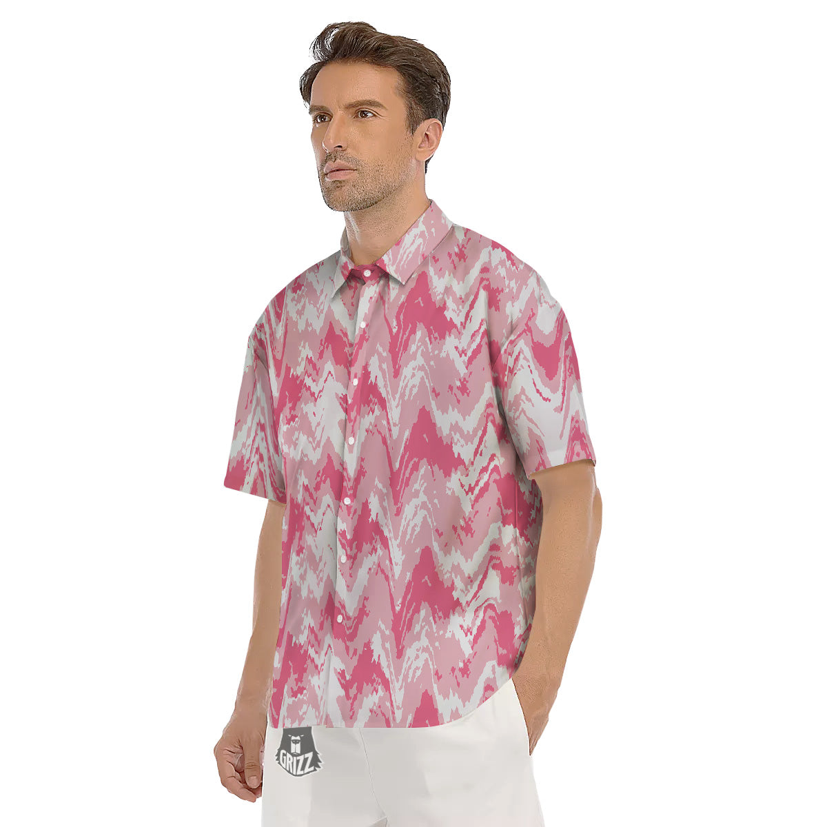 Zigzag Abstract Stripes Pink Print Pattern Men's Short Sleeve Shirts-grizzshop