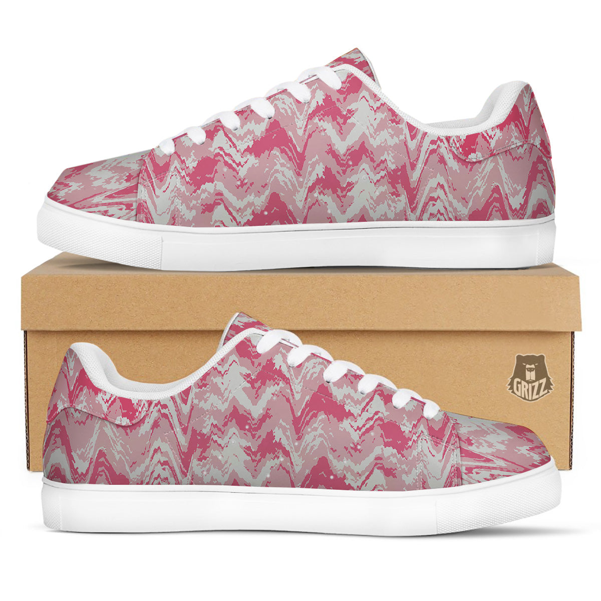 Zigzag Abstract Stripes Pink Print Pattern White Low Top Sneakers-grizzshop