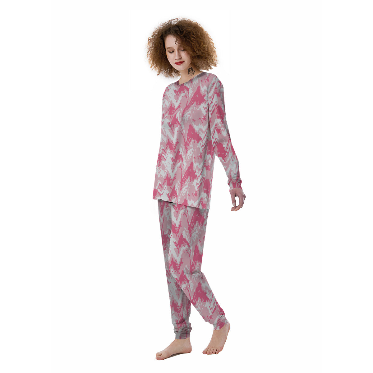 Zigzag Abstract Stripes Pink Print Pattern Women's Pajamas-grizzshop