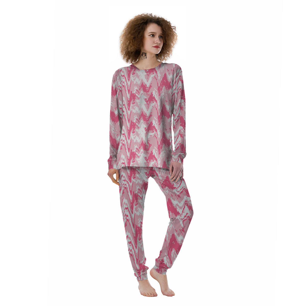 Zigzag Abstract Stripes Pink Print Pattern Women's Pajamas-grizzshop