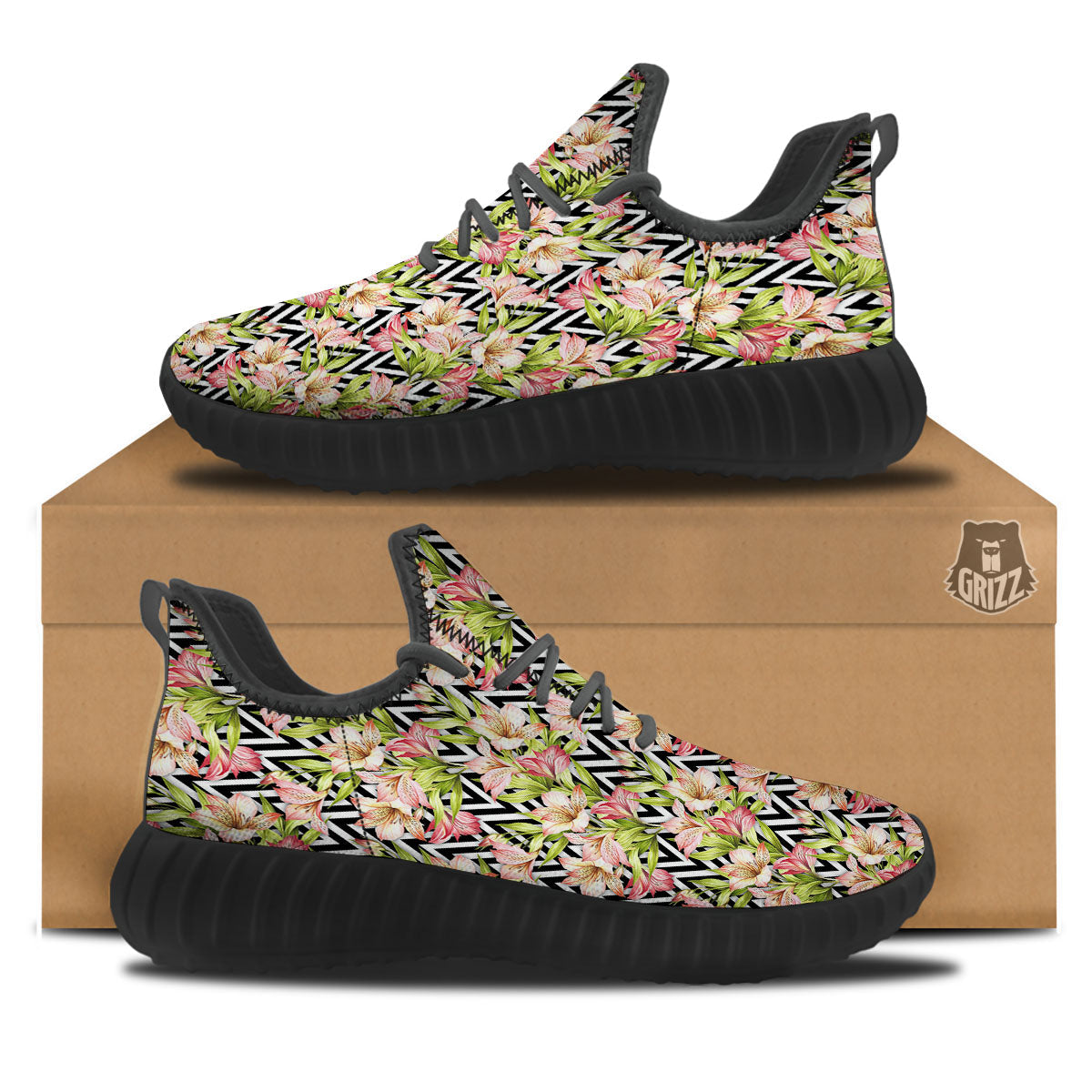 Zigzag Alstroemeria Pastel Print Pattern Black Walking Shoes-grizzshop