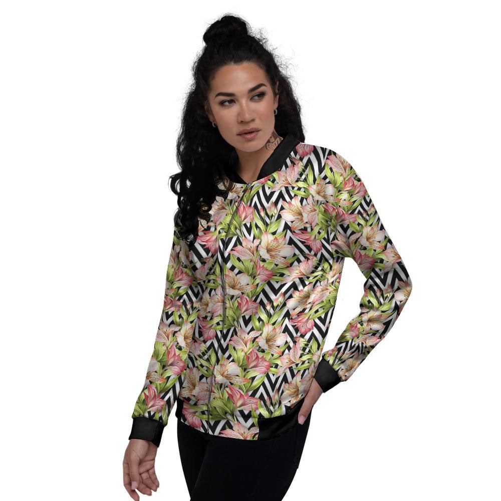 Zigzag Alstroemeria Pastel Print Pattern Women's Bomber Jacket-grizzshop