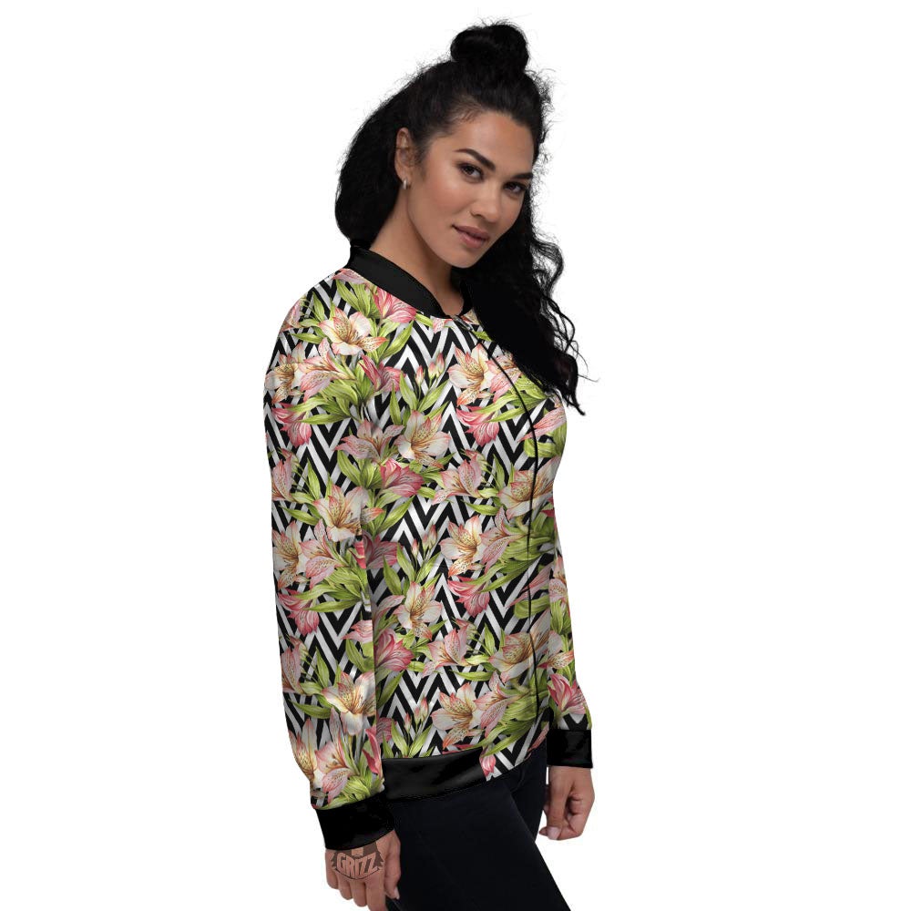 Zigzag Alstroemeria Pastel Print Pattern Women's Bomber Jacket-grizzshop