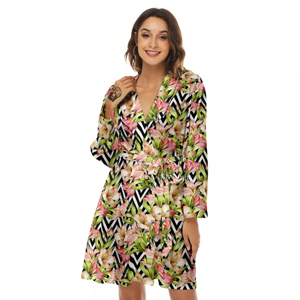 Zigzag Alstroemeria Pastel Print Pattern Women's Robe-grizzshop