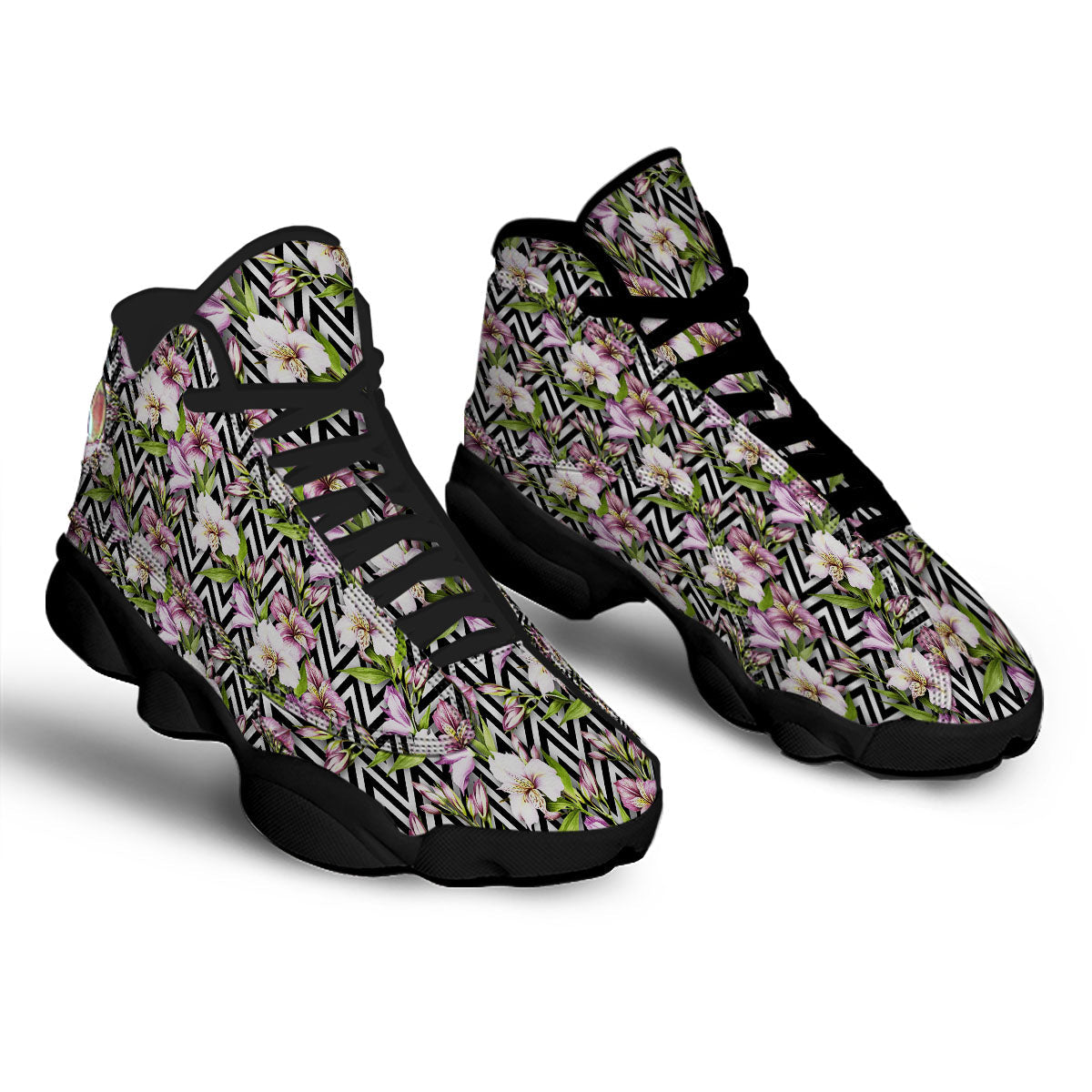 Zigzag Alstroemeria Purple Print Pattern Black Basketball Shoes-grizzshop