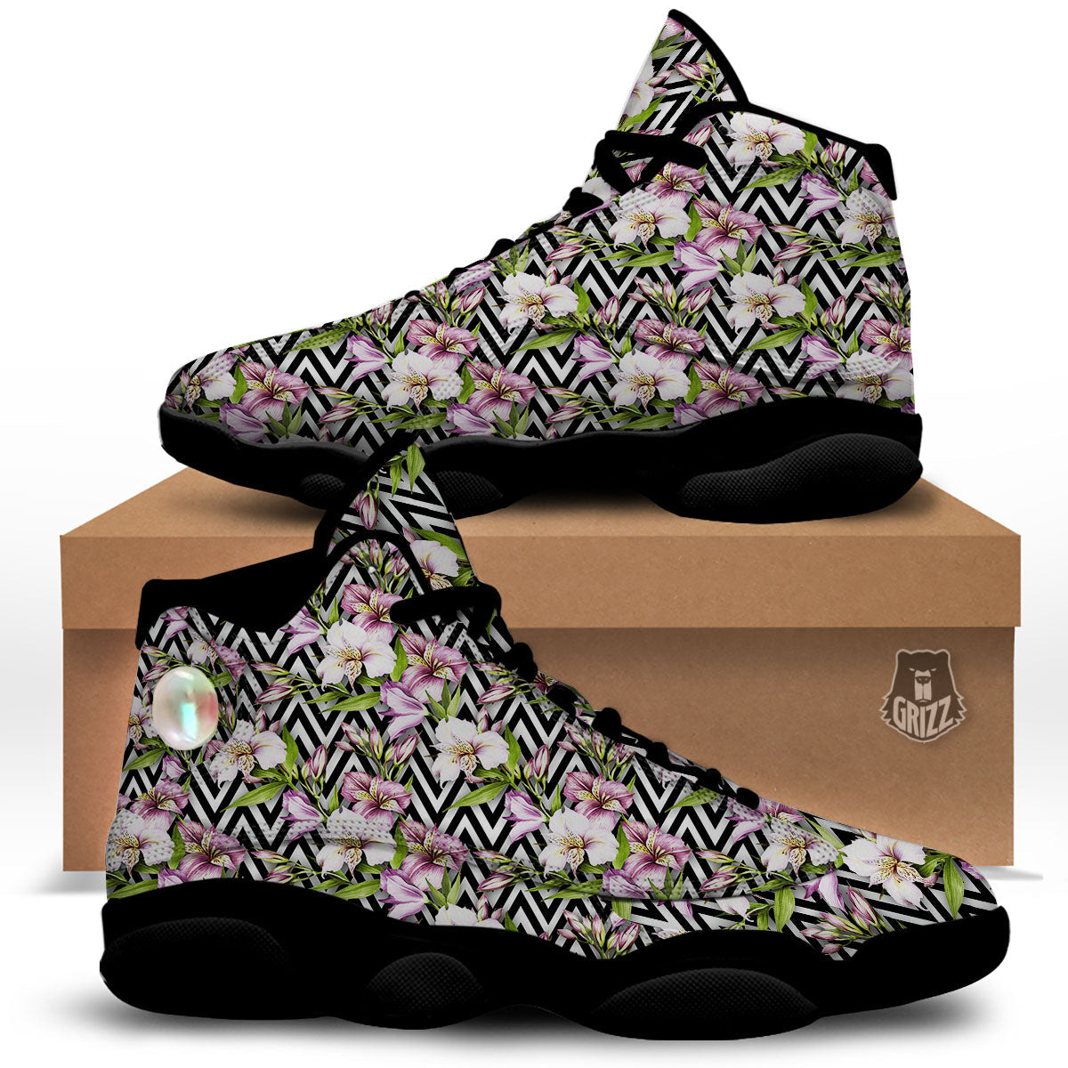 Zigzag Alstroemeria Purple Print Pattern Black Basketball Shoes-grizzshop