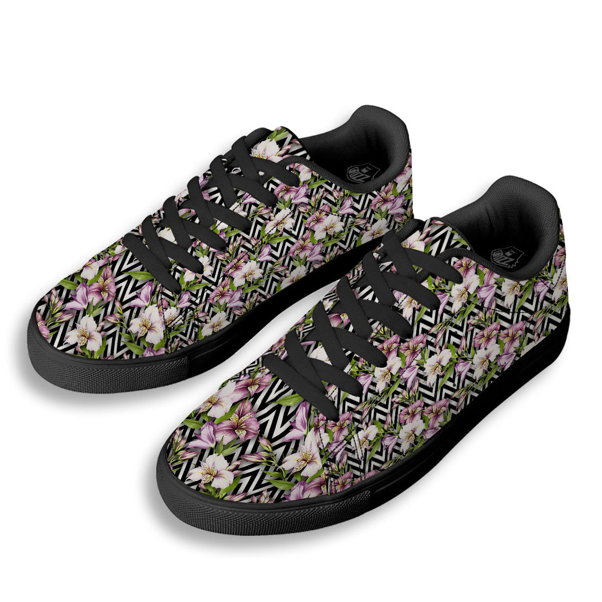 Zigzag Alstroemeria Purple Print Pattern Black Low Top Sneakers-grizzshop
