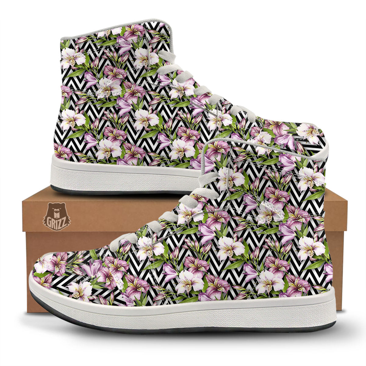 Zigzag Alstroemeria Purple Print Pattern High Top Sneakers-grizzshop