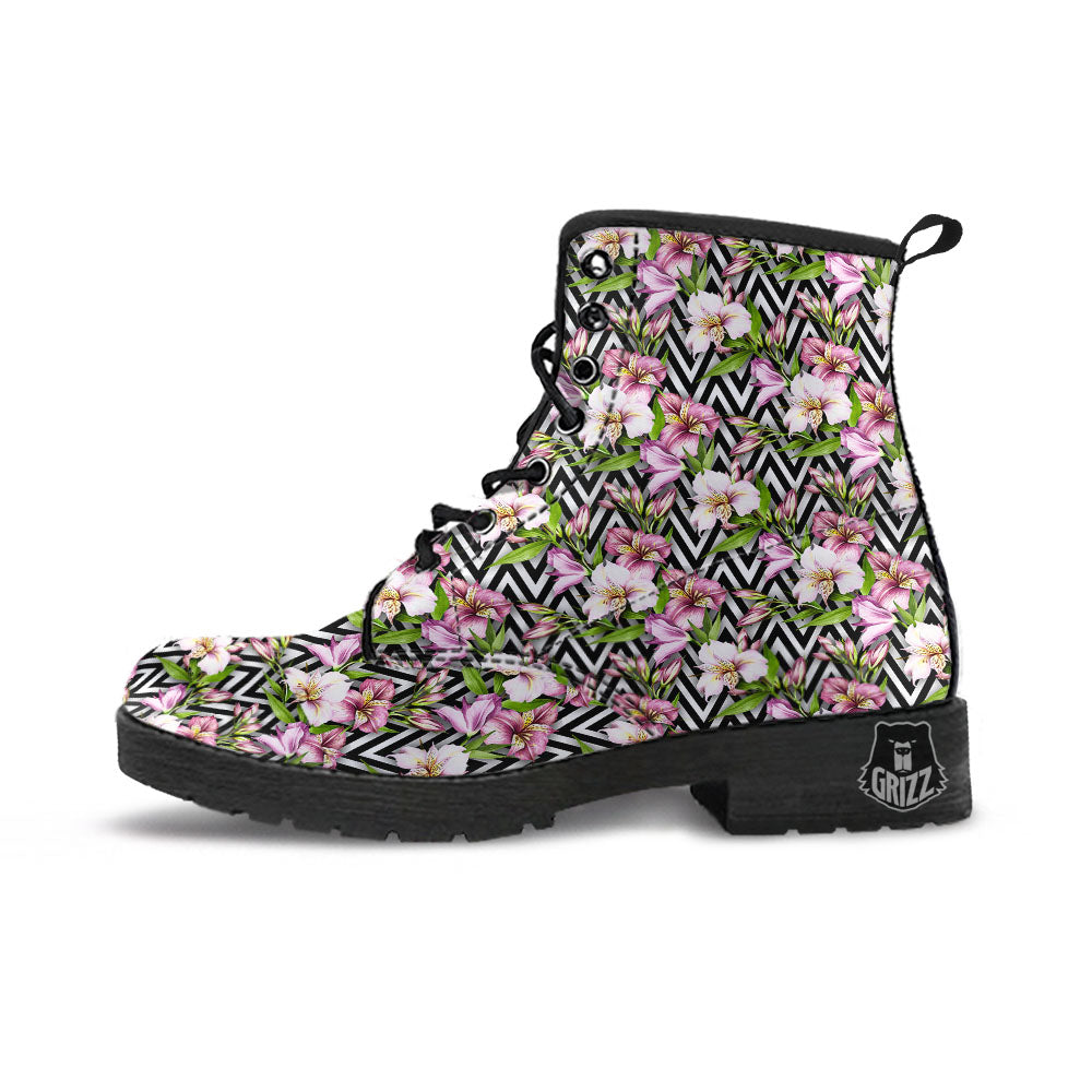 Zigzag Alstroemeria Purple Print Pattern Leather Boots-grizzshop