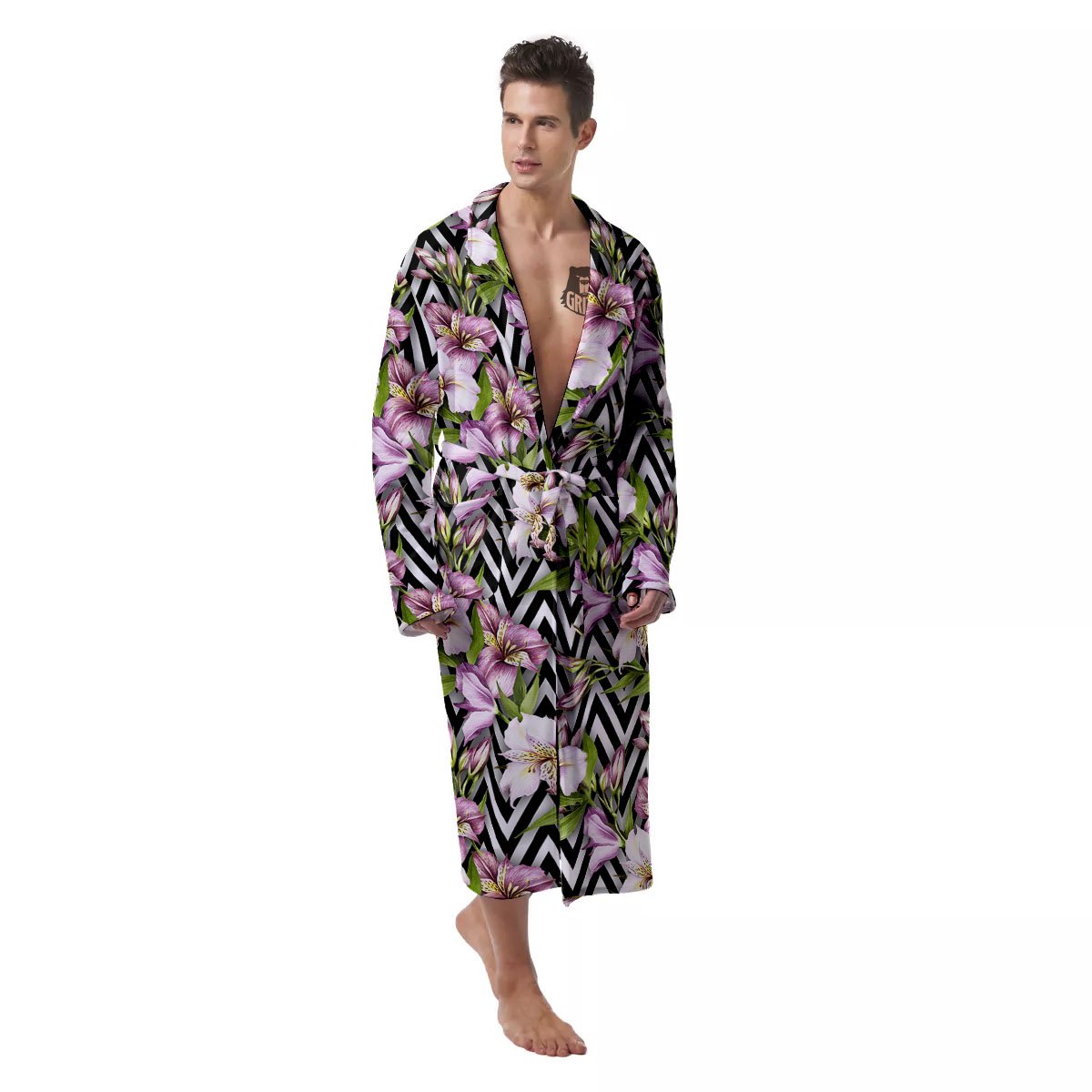 Zigzag Alstroemeria Purple Print Pattern Men's Robe-grizzshop