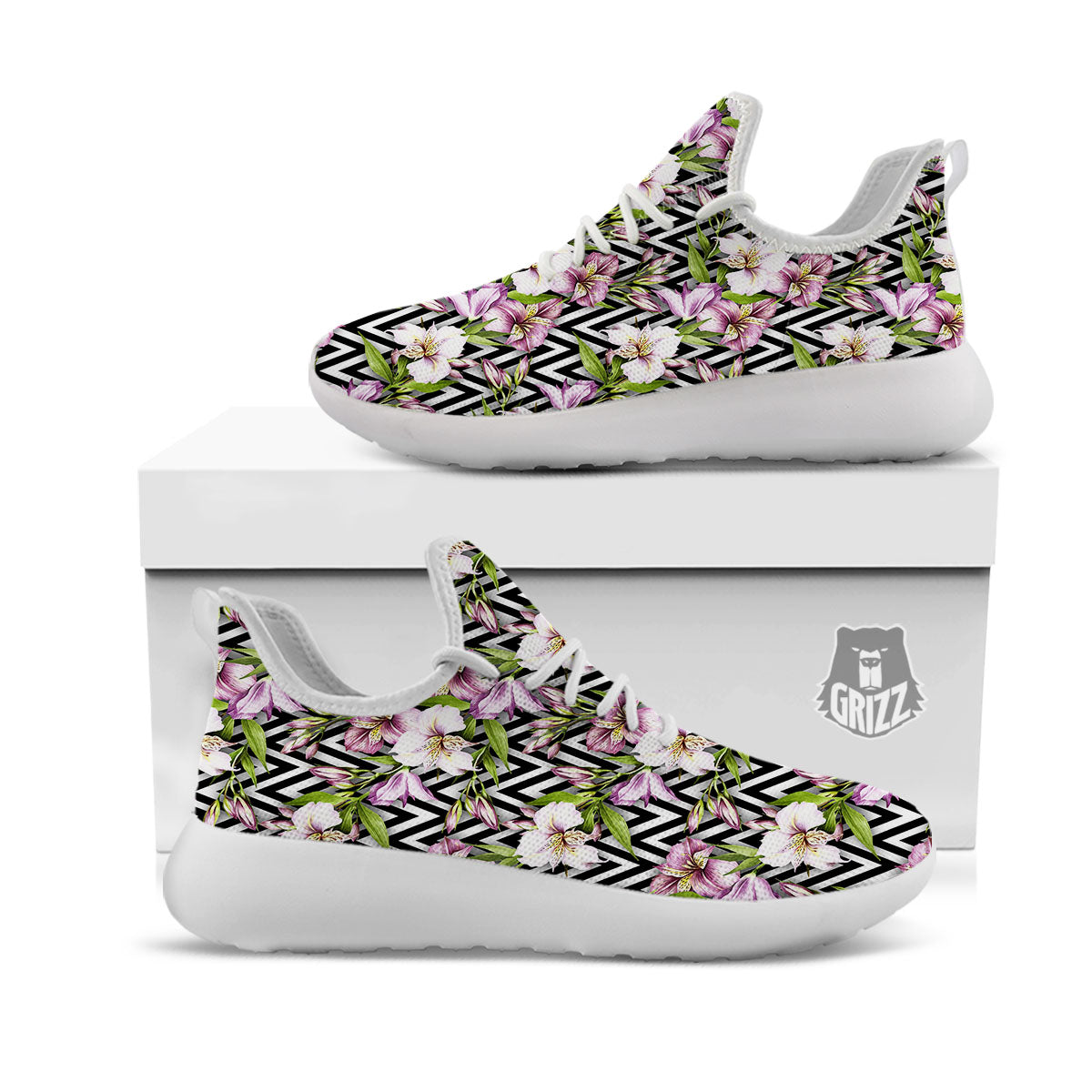 Zigzag Alstroemeria Purple Print Pattern White Athletic Shoes-grizzshop