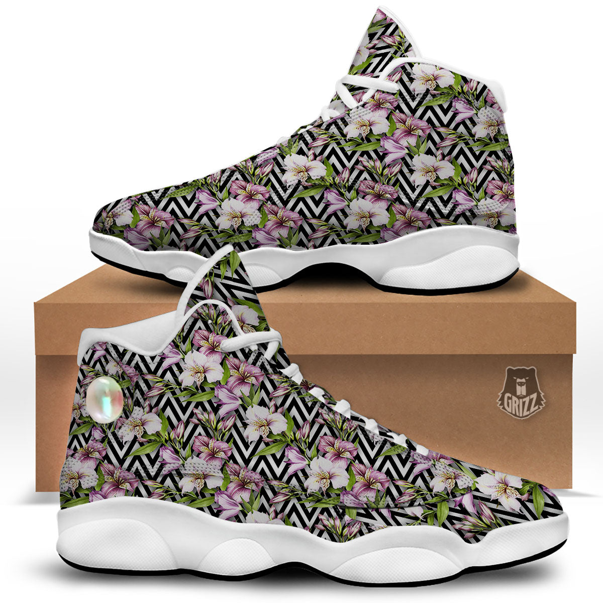 Zigzag Alstroemeria Purple Print Pattern White Basketball Shoes-grizzshop