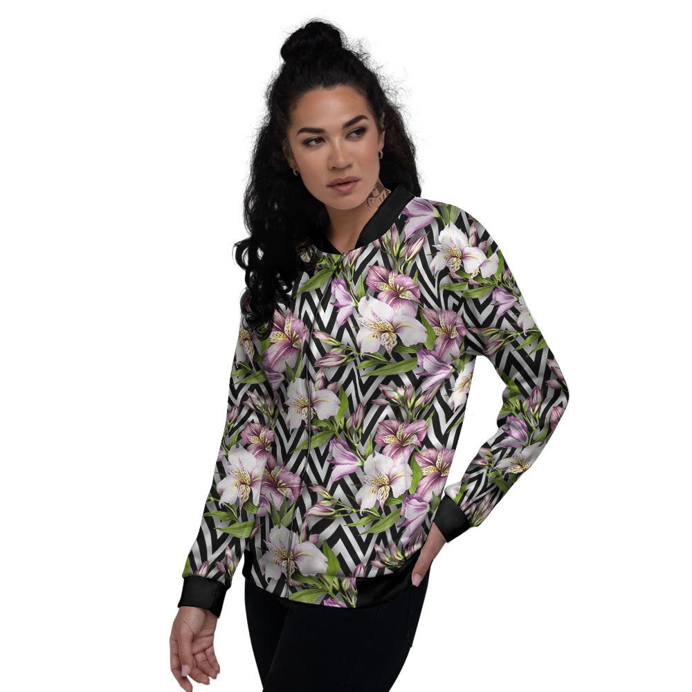 Zigzag Alstroemeria Purple Print Pattern Women's Bomber Jacket-grizzshop