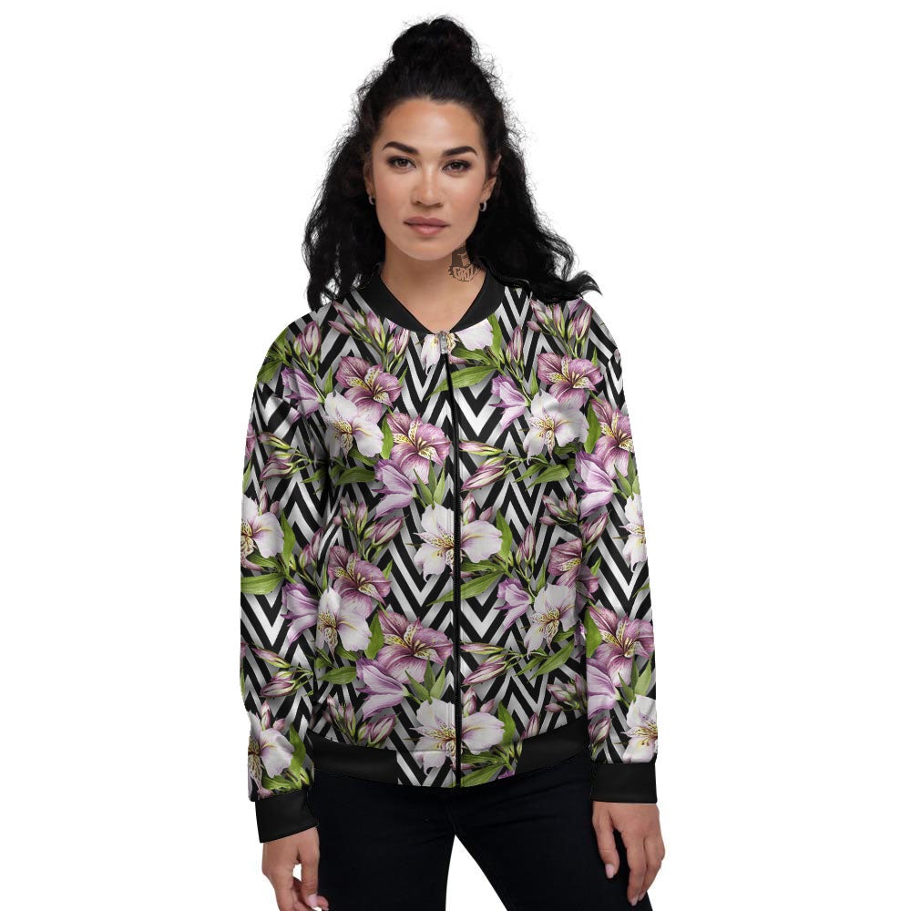 Zigzag Alstroemeria Purple Print Pattern Women's Bomber Jacket-grizzshop