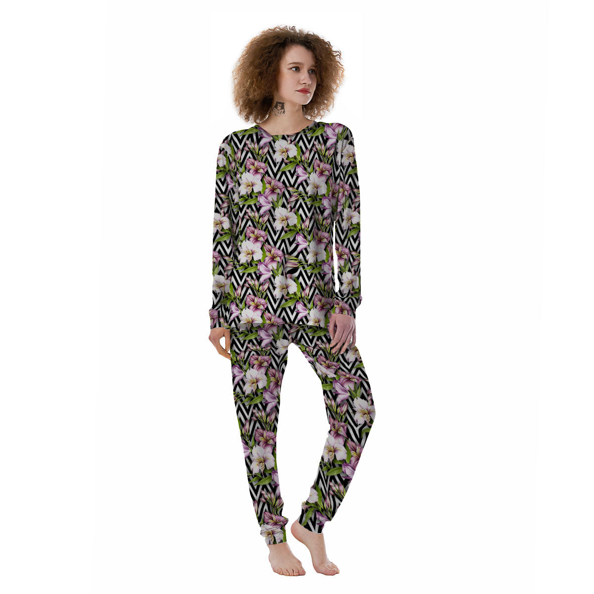 Zigzag Alstroemeria Purple Print Pattern Women's Pajamas-grizzshop