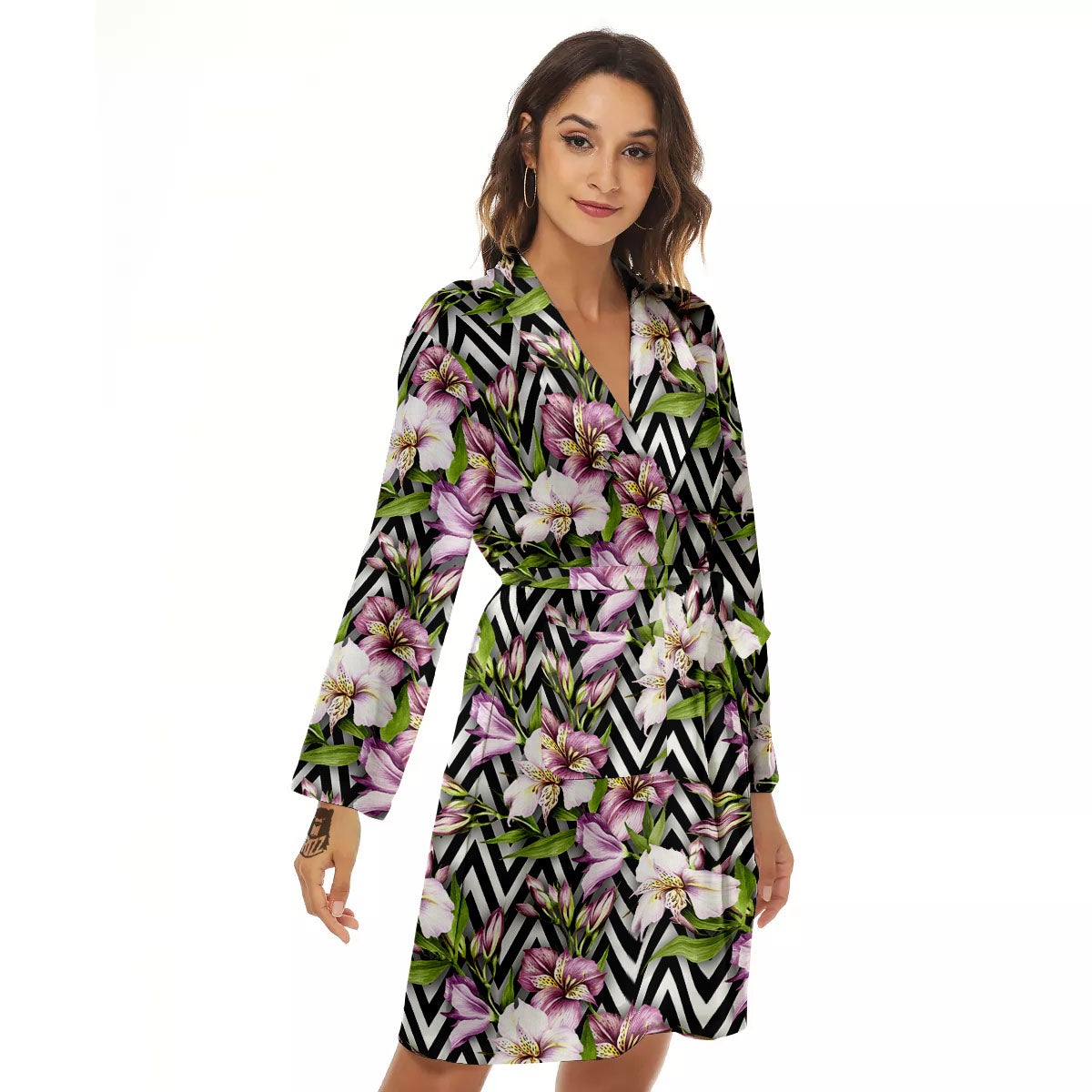 Zigzag Alstroemeria Purple Print Pattern Women's Robe-grizzshop