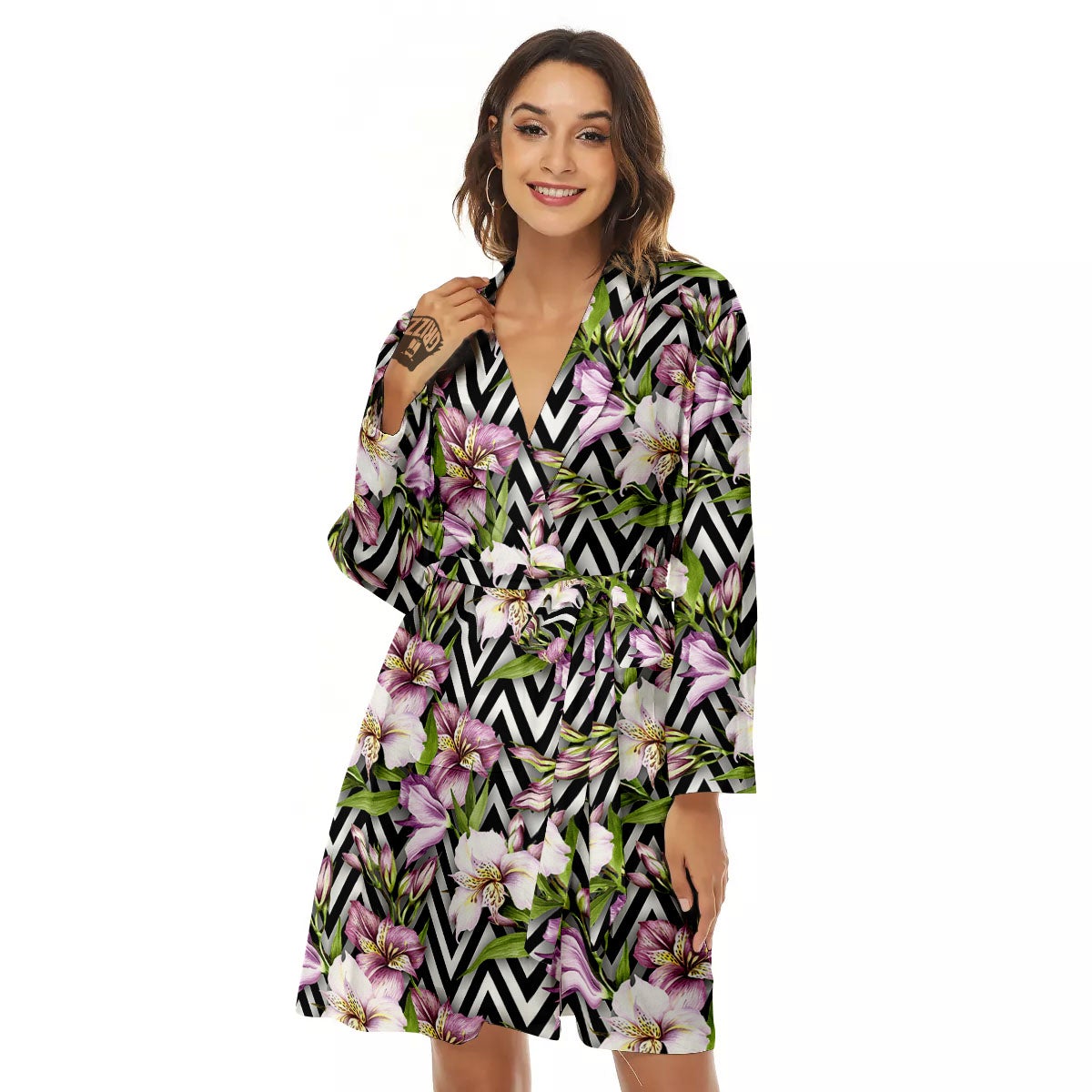 Zigzag Alstroemeria Purple Print Pattern Women's Robe-grizzshop