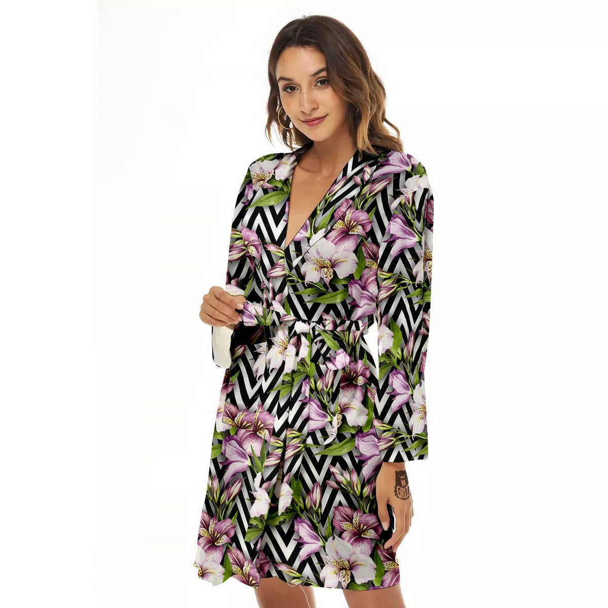 Zigzag Alstroemeria Purple Print Pattern Women's Robe-grizzshop