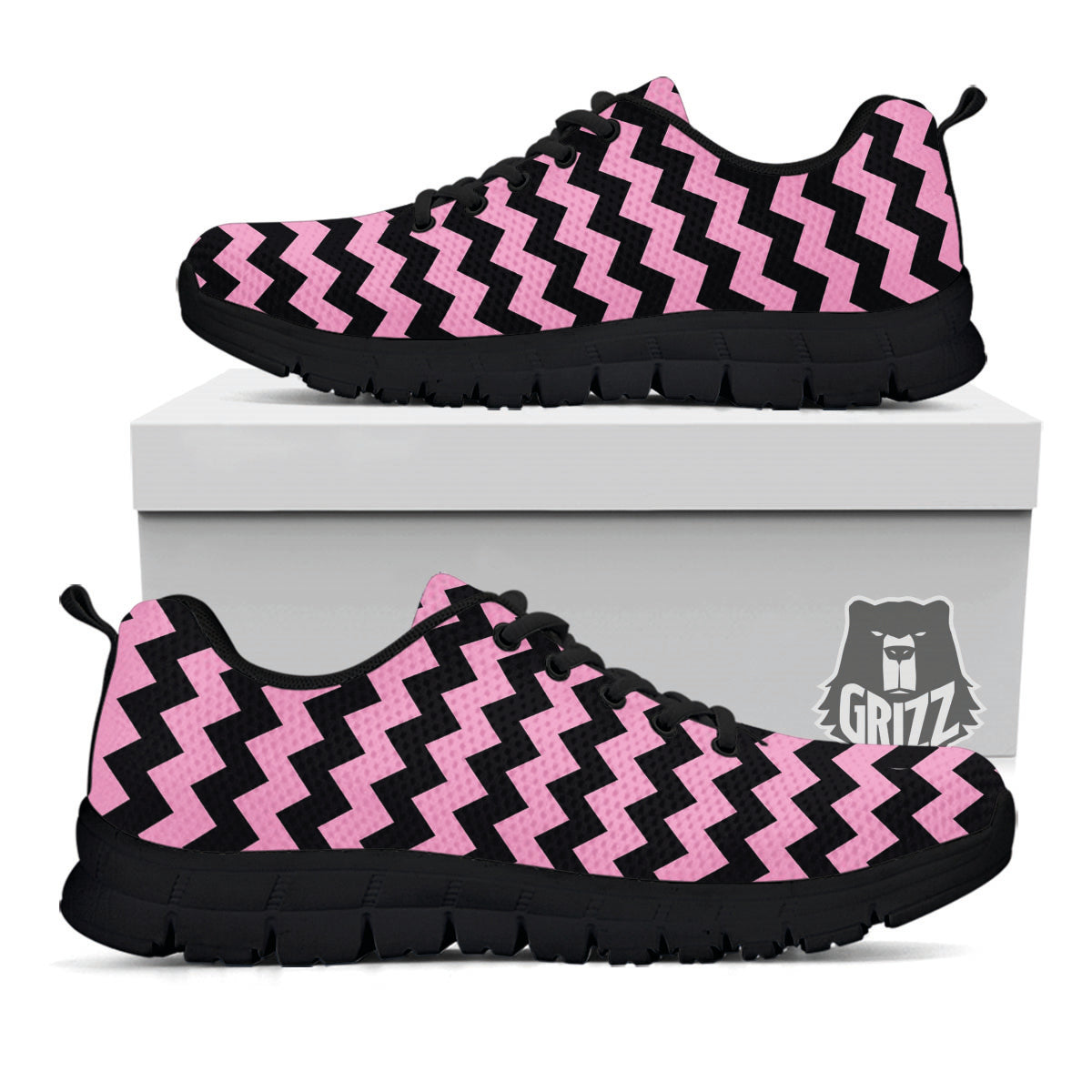 Zigzag Black And Pink Print Pattern Black Sneaker-grizzshop