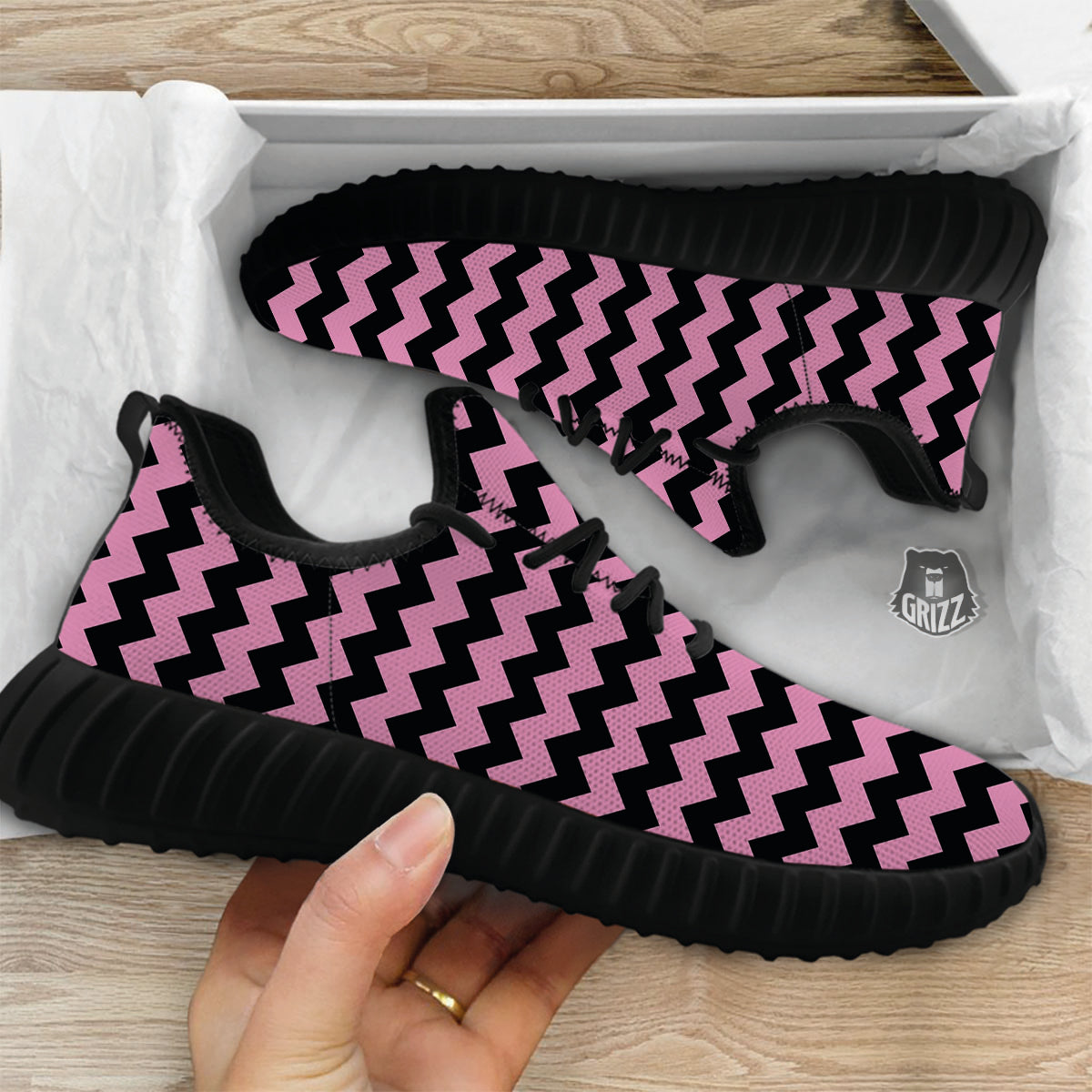 Zigzag Black And Pink Print Pattern Black Walking Shoes-grizzshop
