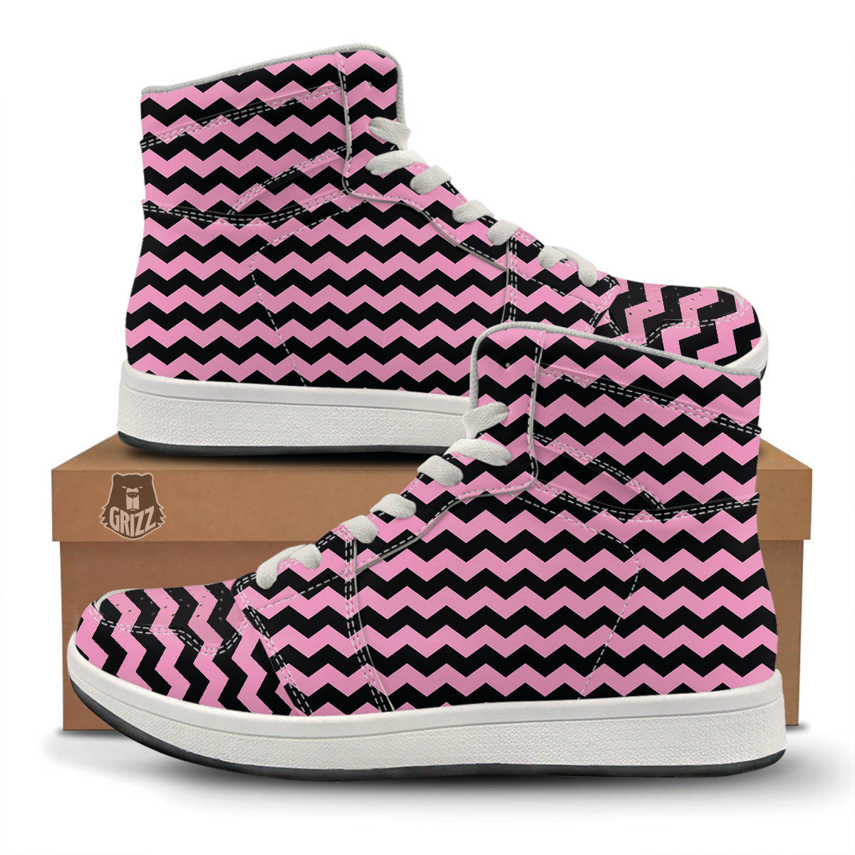 Zigzag Black And Pink Print Pattern High Top Sneakers-grizzshop