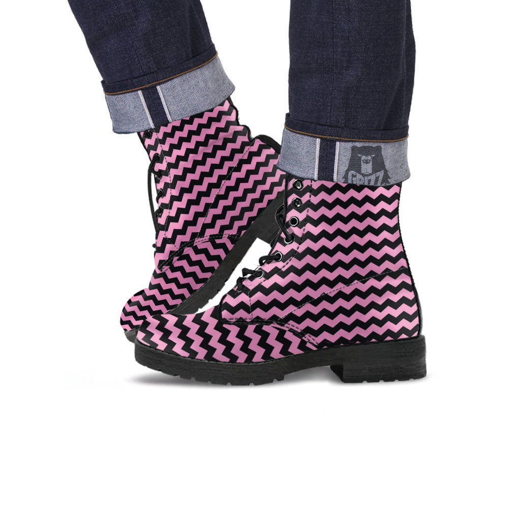 Zigzag Black And Pink Print Pattern Leather Boots-grizzshop
