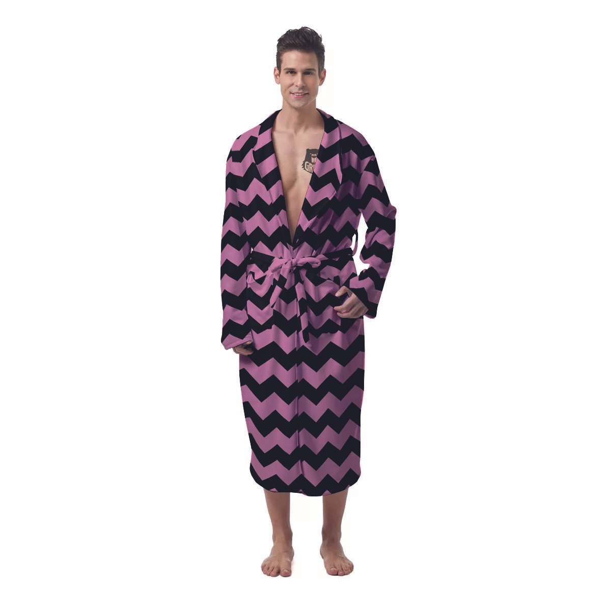 Zigzag Black And Pink Print Pattern Men's Robe-grizzshop