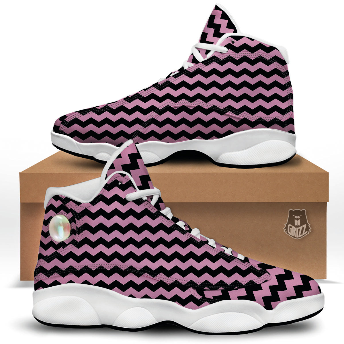 Zigzag Black And Pink Print Pattern White Basketball Shoes-grizzshop
