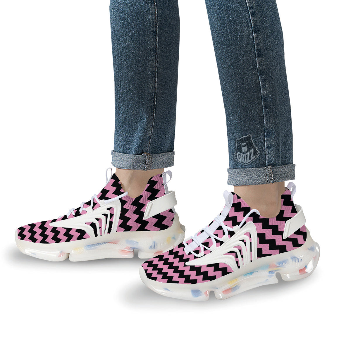 Zigzag Black And Pink Print Pattern White Gym Shoes-grizzshop