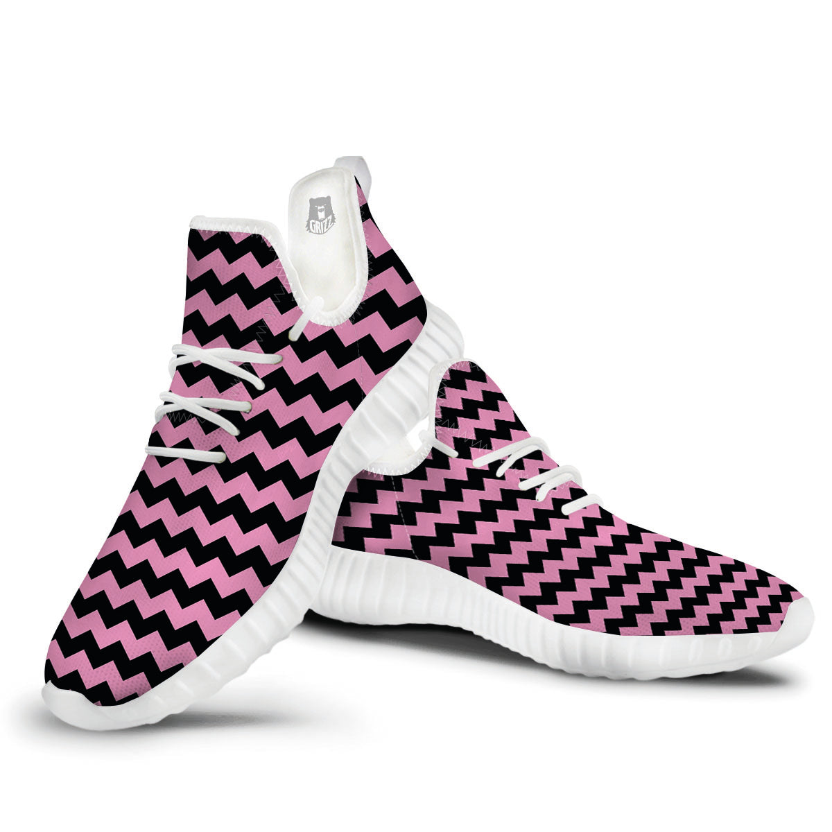 Zigzag Black And Pink Print Pattern White Walking Shoes-grizzshop