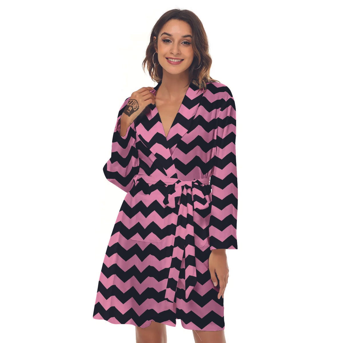 Zigzag Black And Pink Print Pattern Women's Robe-grizzshop