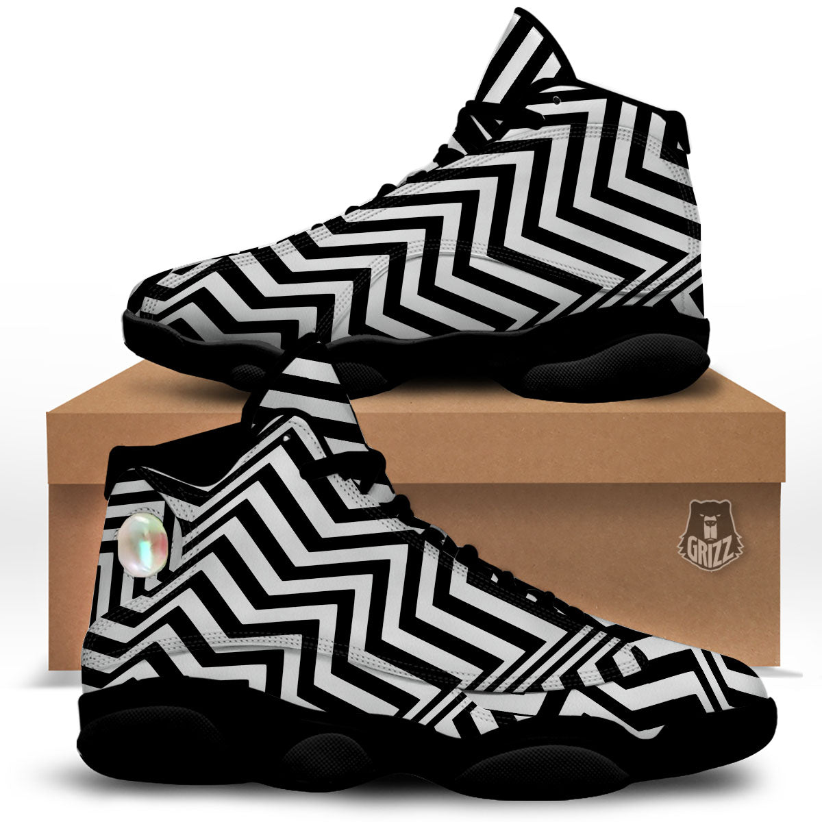 Zigzag Dazzle White And Black Print Black Basketball Shoes-grizzshop