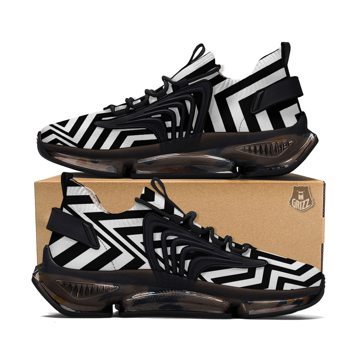 Zigzag Dazzle White And Black Print Black Gym Shoes-grizzshop