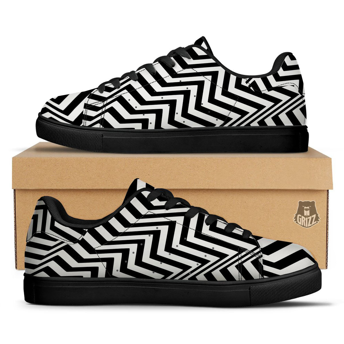 Zigzag Dazzle White And Black Print Black Low Top Sneakers-grizzshop