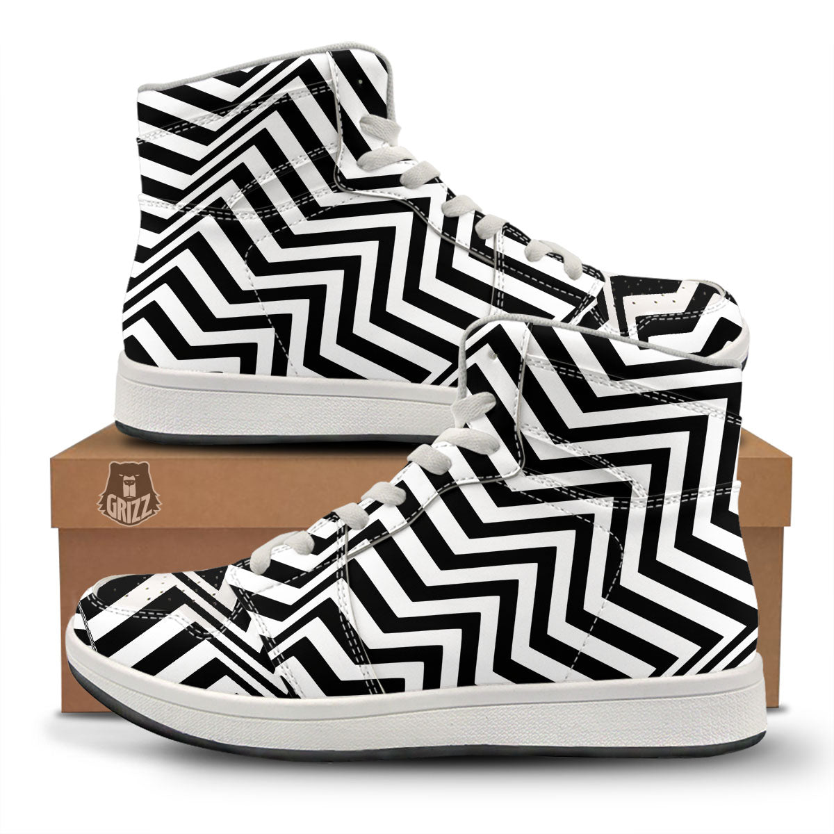 Zigzag Dazzle White And Black Print High Top Sneakers-grizzshop