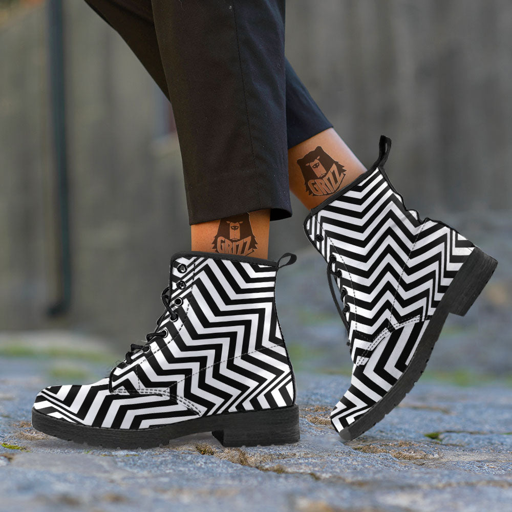 Zigzag Dazzle White And Black Print Leather Boots-grizzshop