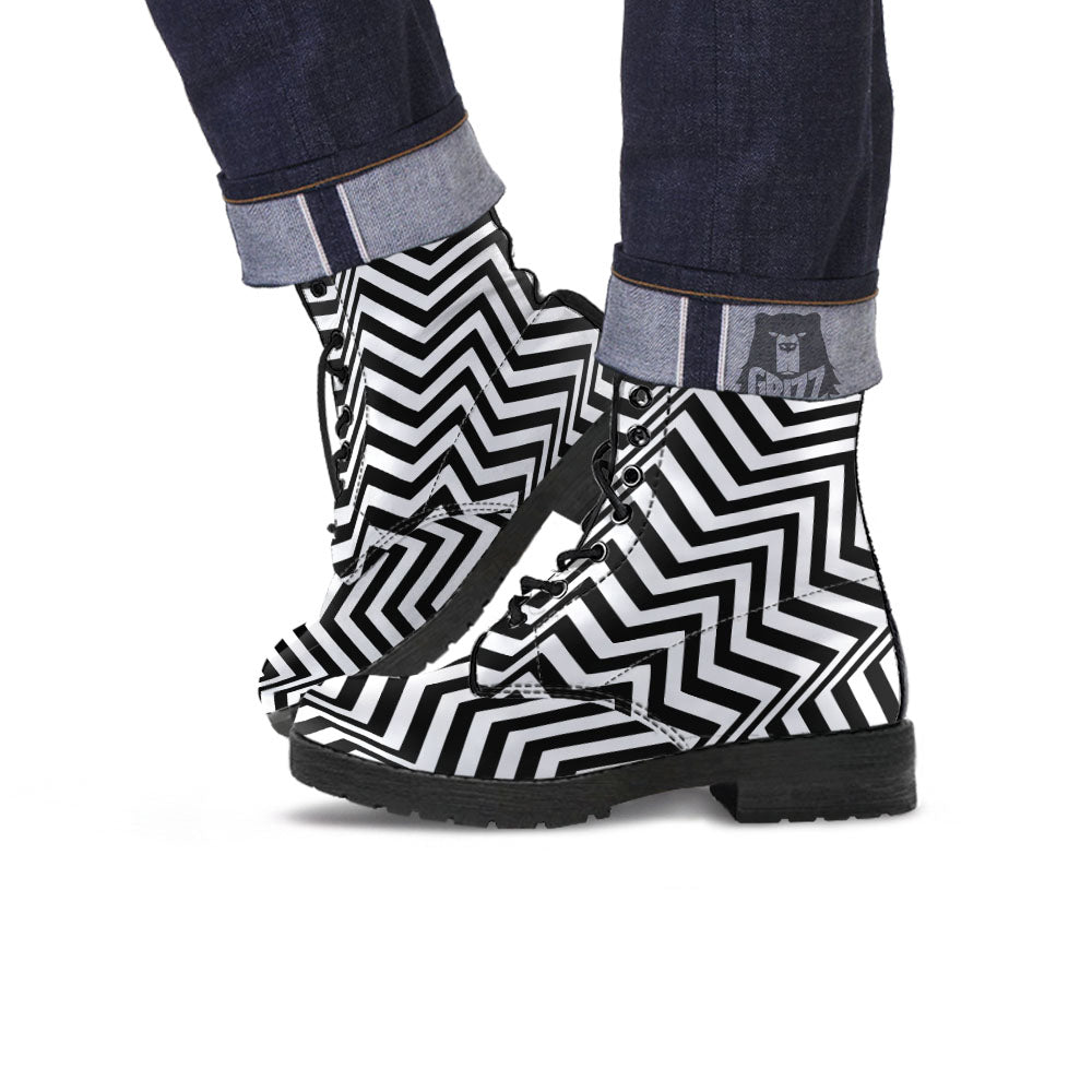 Zigzag Dazzle White And Black Print Leather Boots-grizzshop