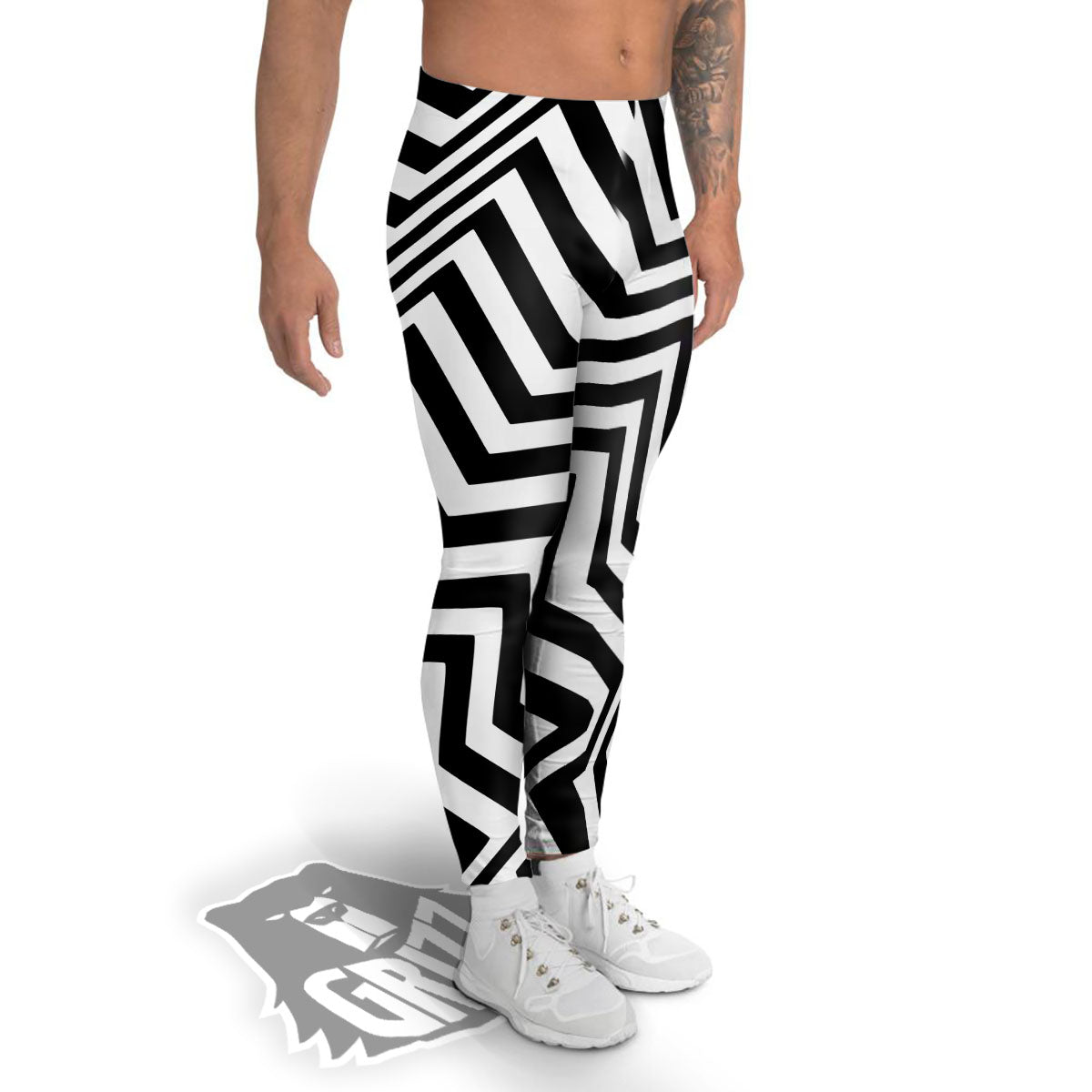 Zigzag Dazzle White And Black Print Men's Leggings-grizzshop