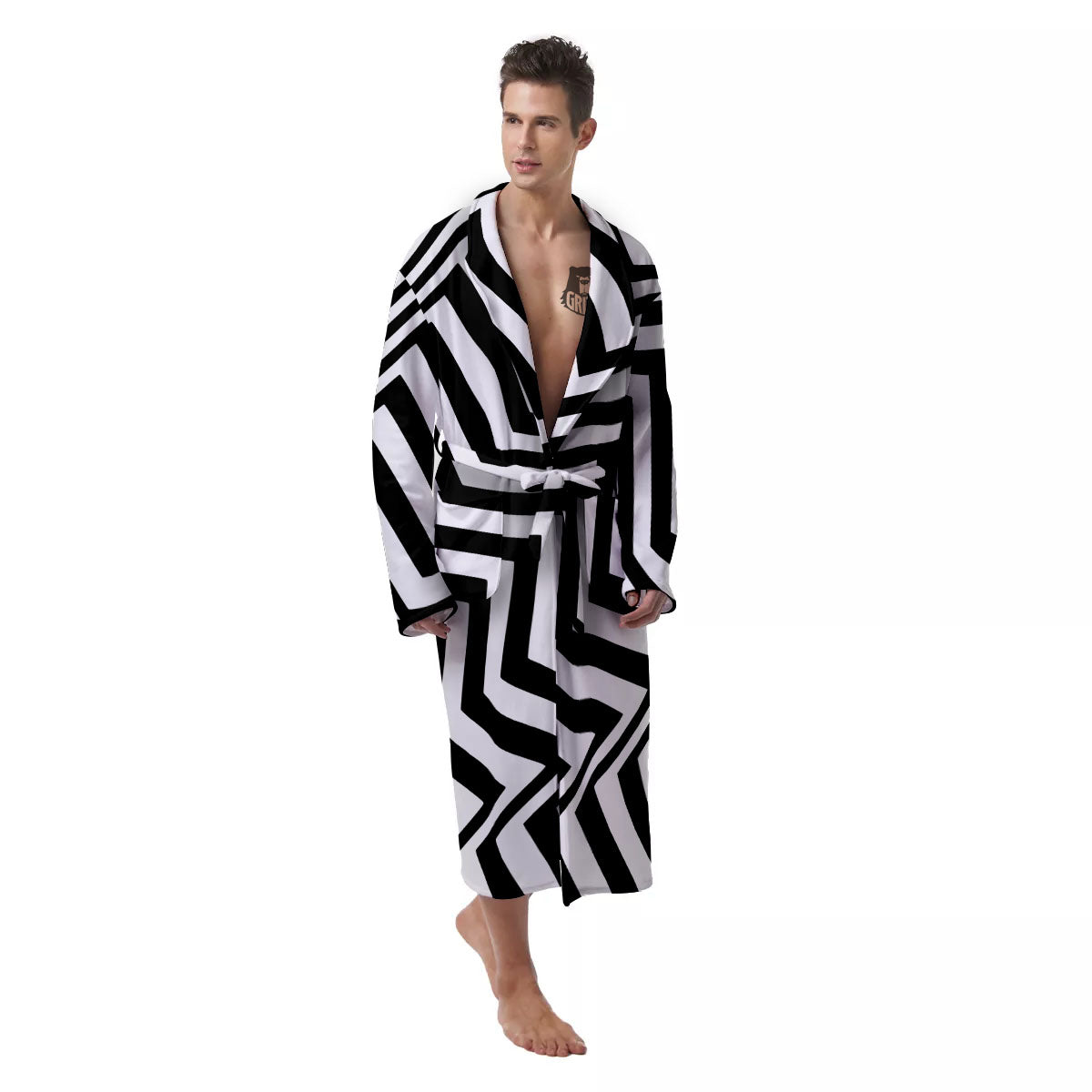 Zigzag Dazzle White And Black Print Men's Robe-grizzshop