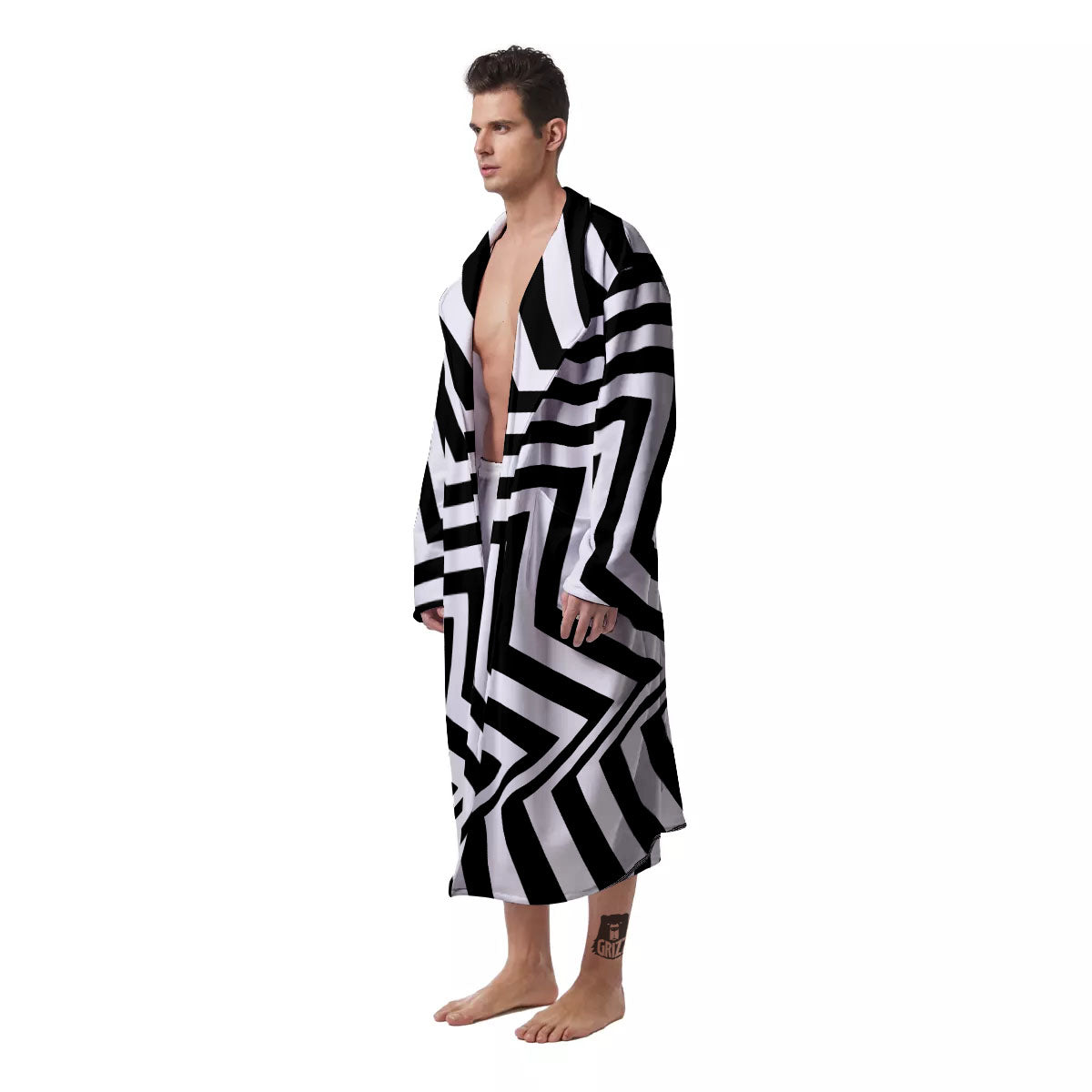 Zigzag Dazzle White And Black Print Men's Robe-grizzshop