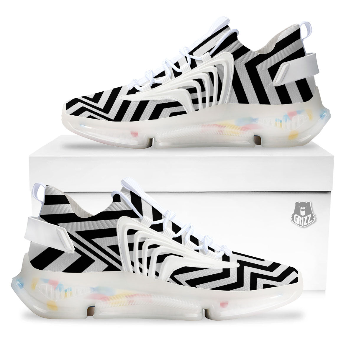 Zigzag Dazzle White And Black Print White Gym Shoes-grizzshop