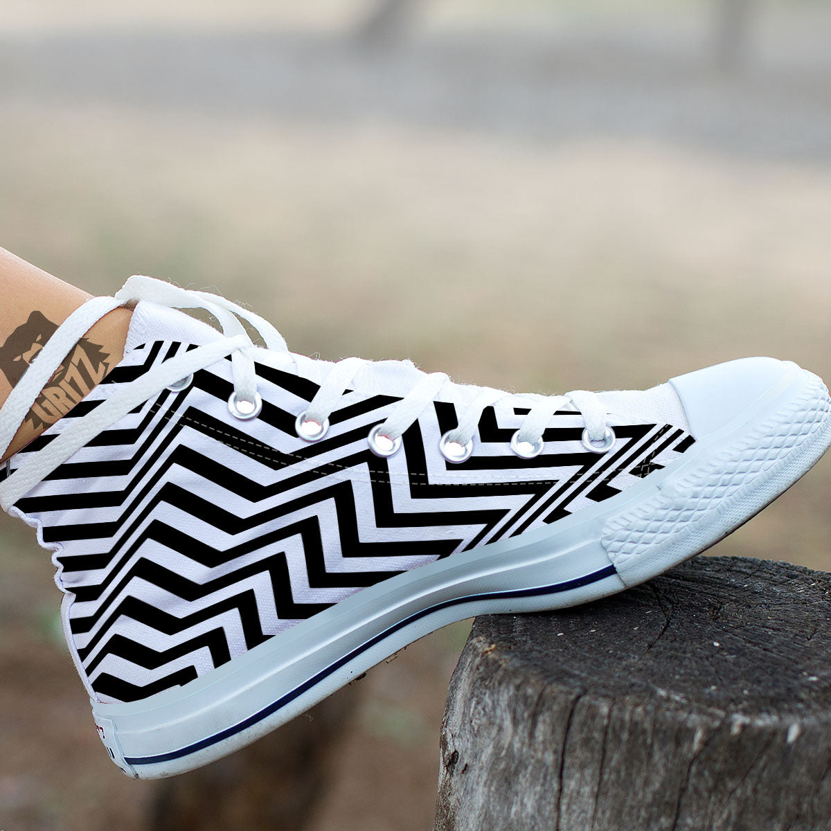Zigzag Dazzle White And Black Print White High Top Shoes-grizzshop