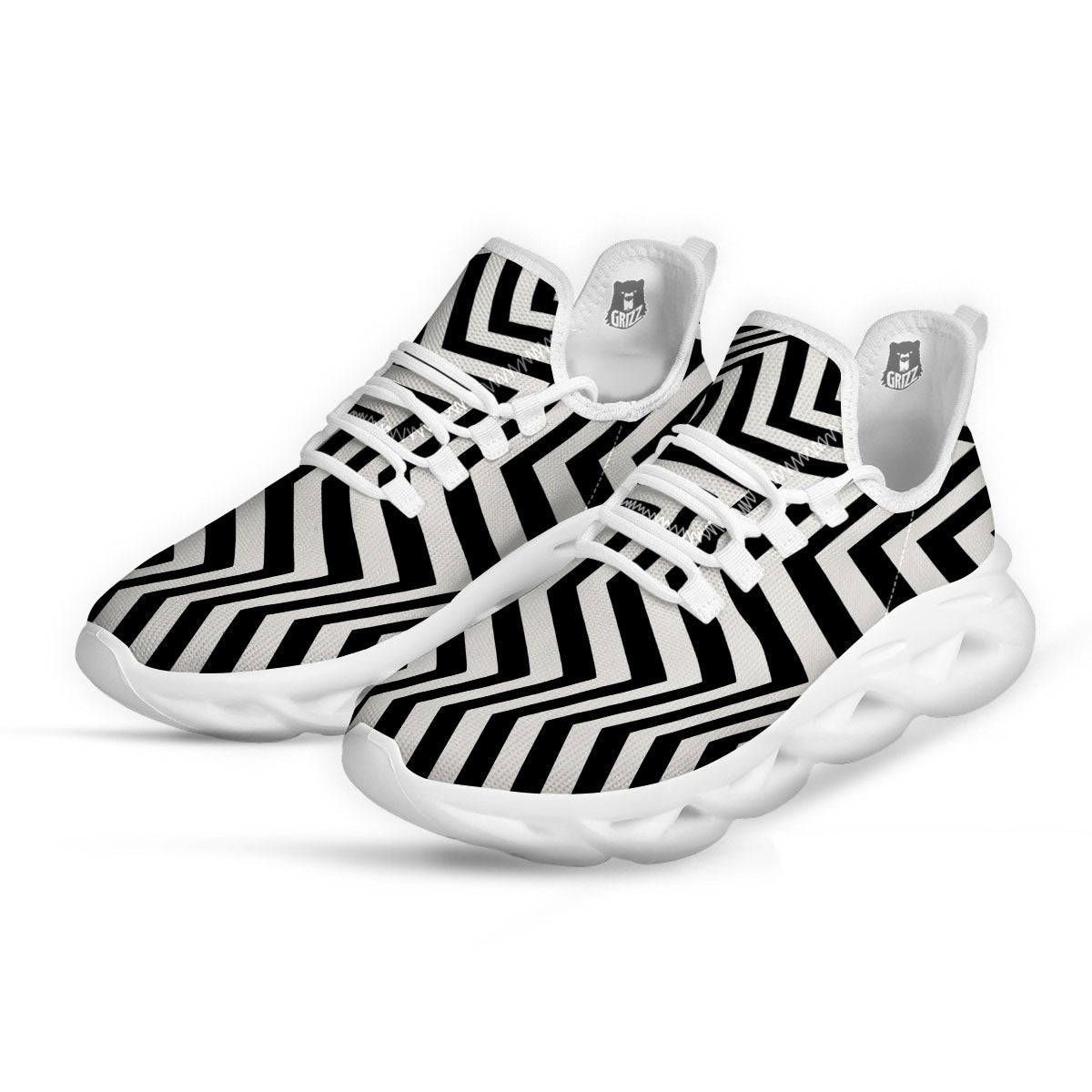 Zigzag Dazzle White And Black Print White Running Shoes-grizzshop