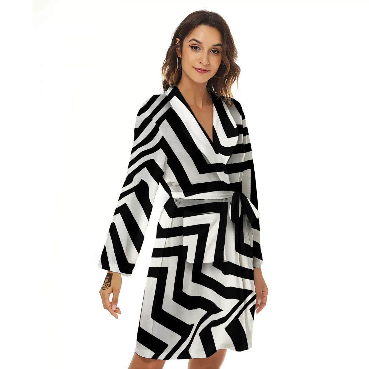 Zigzag Dazzle White And Black Print Women's Robe-grizzshop