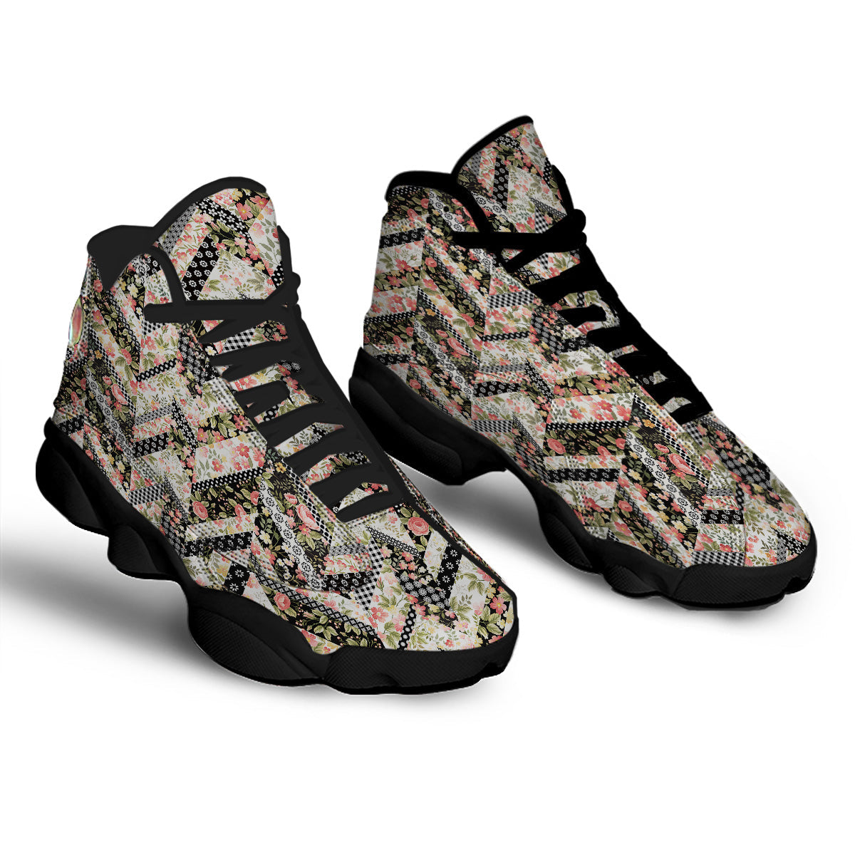 Zigzag Floral Patchwork Print Pattern Black Basketball Shoes-grizzshop